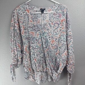 Daytrip Women's Boho Paisley Blouse Tie Sleeve V-Neck Boho Top Flowy XL